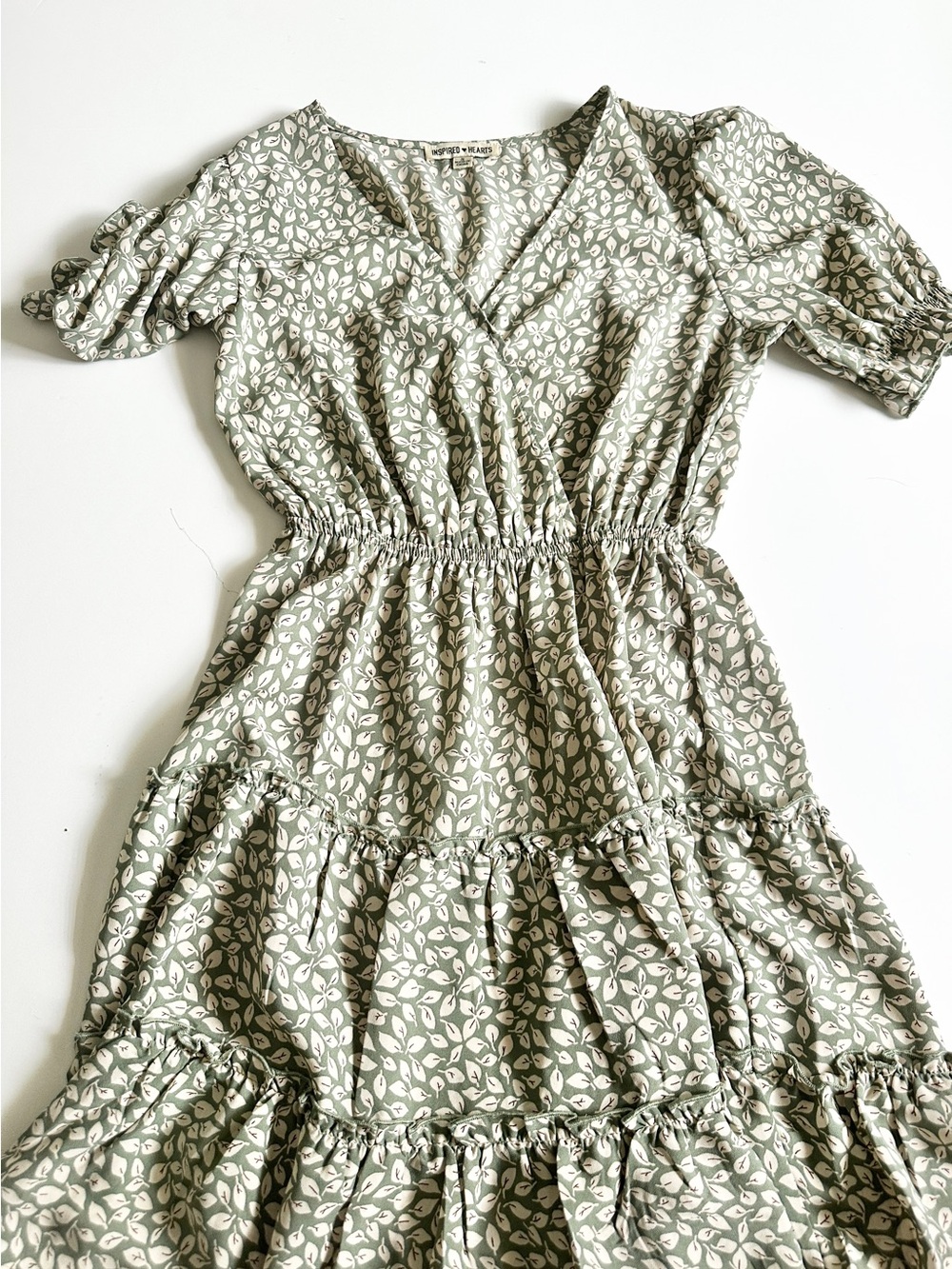 Green Leaf Print Tiered Midi Dress Size Small